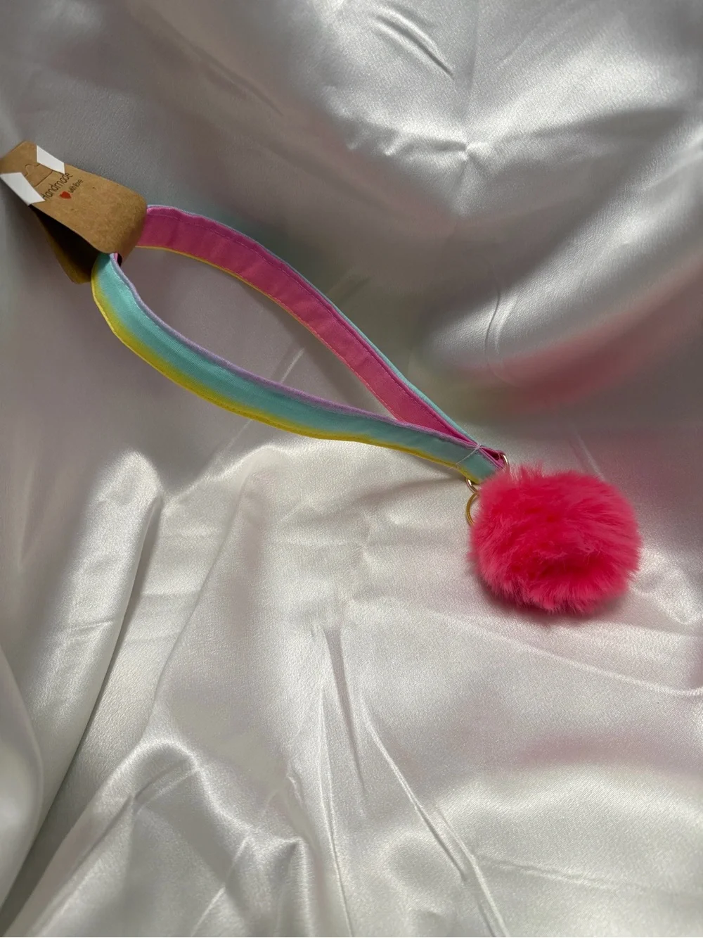 Handmade Rainbow Wristlet Keychain with Bright Pink Pompom